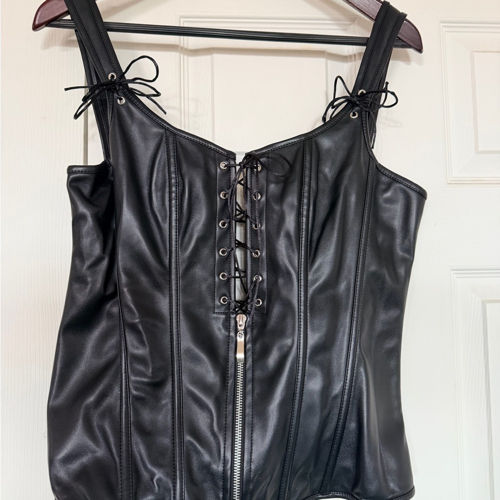 Black Faux Leather Lace-Up Corset Top